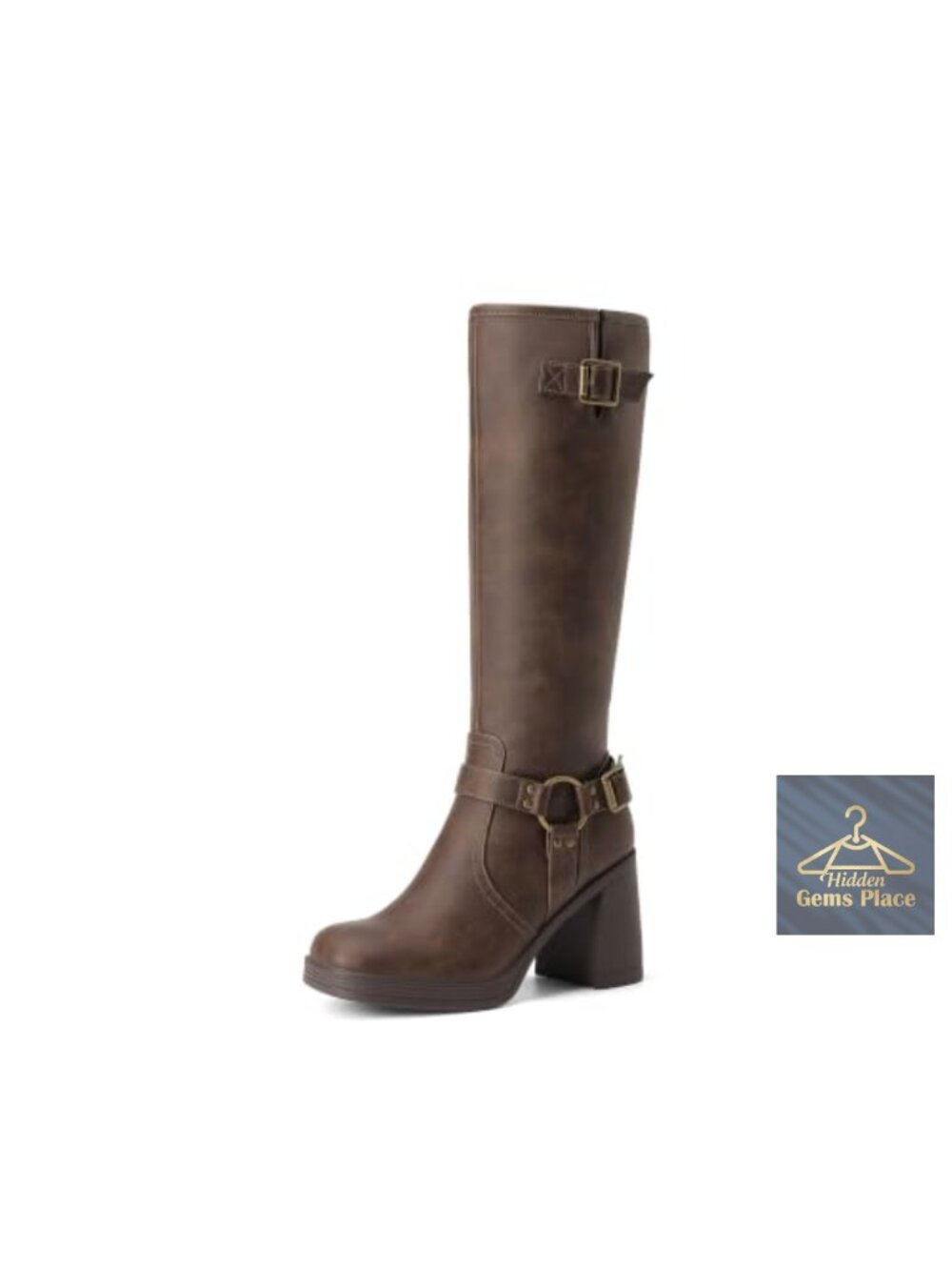 Women's Chunky Knee High Moto Boots with Double Buckles Heeled Platform